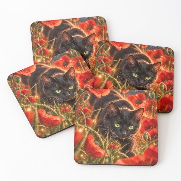Item preview, Black cat in a red poppy galaxy field designed and sold by knuppify.