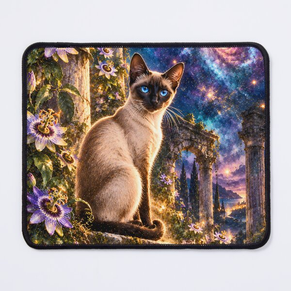 Item preview, Siamese cat on stone steps in galaxy space designed and sold by knuppify.