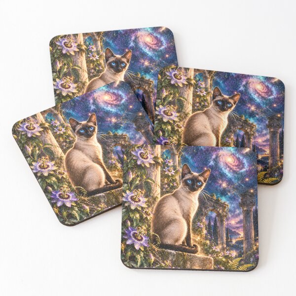 Item preview, Siamese cat on stone steps in galaxy space designed and sold by knuppify.