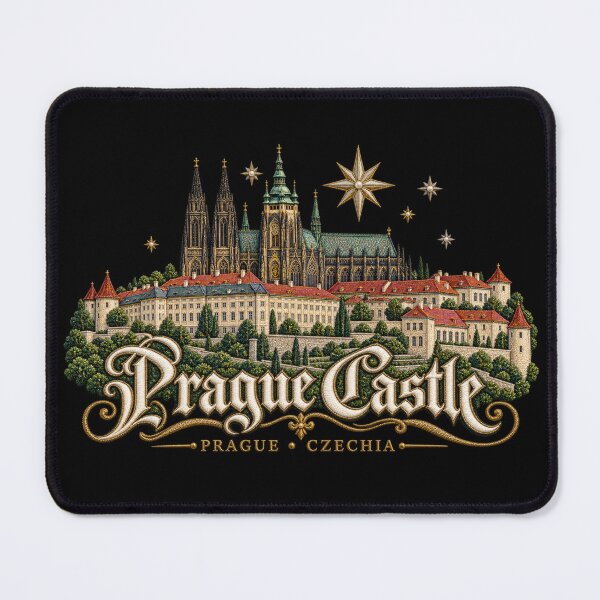 Item preview, Prague Castle Embroidery Style Art – Gothic Cathedral, Golden Stars and Ornate Lettering designed and sold by Emoji Emblems.