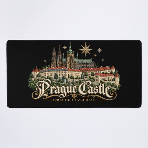 Item preview, Prague Castle Embroidery Style Art – Gothic Cathedral, Golden Stars and Ornate Lettering designed and sold by Emoji Emblems.