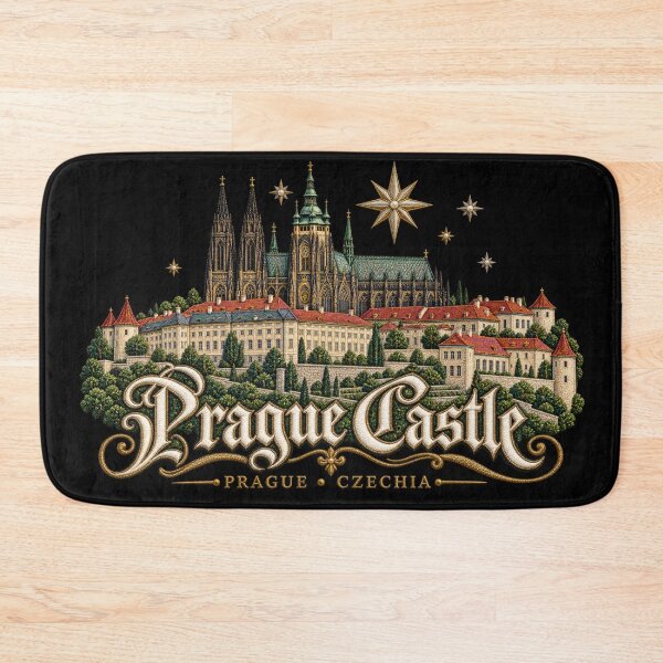 Item preview, Prague Castle Embroidery Style Art – Gothic Cathedral, Golden Stars and Ornate Lettering designed and sold by Emoji Emblems.