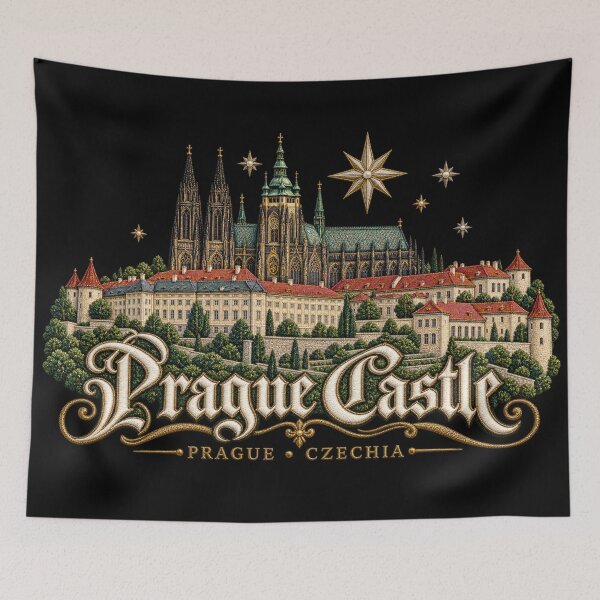 Item preview, Prague Castle Embroidery Style Art – Gothic Cathedral, Golden Stars and Ornate Lettering designed and sold by Emoji Emblems.