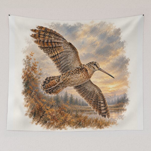 Item preview, Woodcock in Flight – Autumn Hunting Landscape designed and sold by TammyHunterArt.