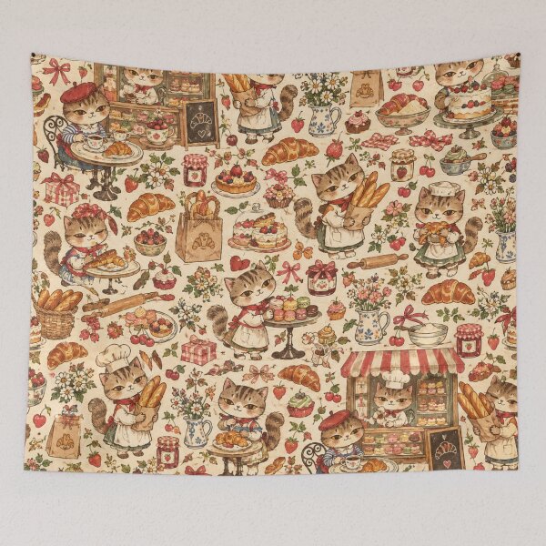 Item preview, Vintage Cat Bakery Folk Art Pattern designed and sold by Iampoji.