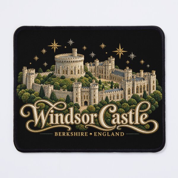 Item preview, Windsor Castle Embroidery Style Art – Golden Stars and Ornate Berkshire England Lettering designed and sold by Emoji Emblems.