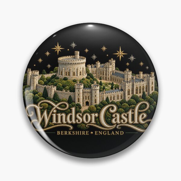 Item preview, Windsor Castle Embroidery Style Art – Golden Stars and Ornate Berkshire England Lettering designed and sold by Emoji Emblems.
