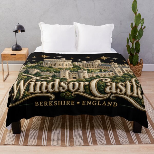 Item preview, Windsor Castle Embroidery Style Art – Golden Stars and Ornate Berkshire England Lettering designed and sold by Emoji Emblems.