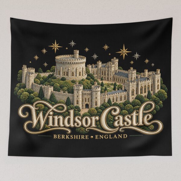 Item preview, Windsor Castle Embroidery Style Art – Golden Stars and Ornate Berkshire England Lettering designed and sold by Emoji Emblems.