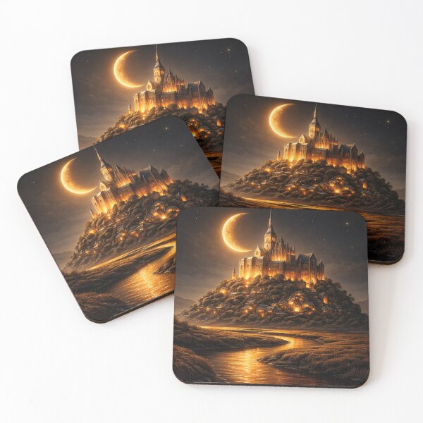 Item preview, Golden Crescent Moon Castle – Enchanted Gothic Kingdom Fantasy Art Print designed and sold by Kaleidoscope Print.