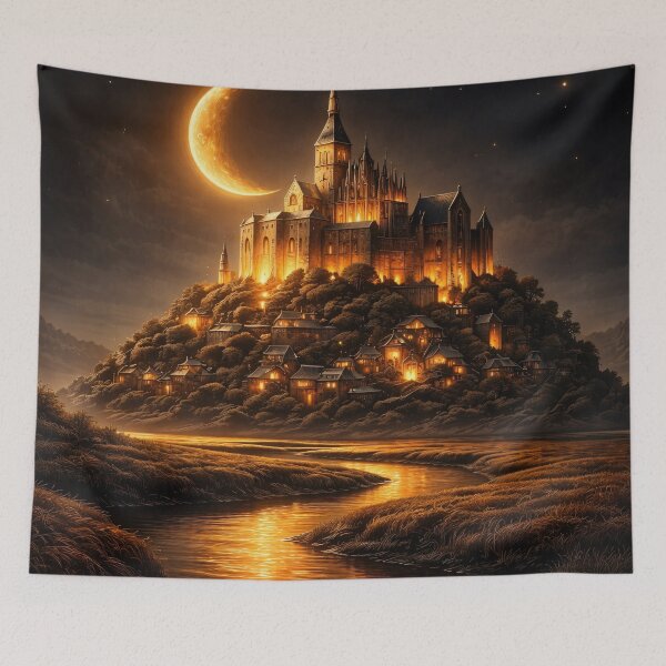 Item preview, Golden Crescent Moon Castle – Enchanted Gothic Kingdom Fantasy Art Print designed and sold by Kaleidoscope Print.