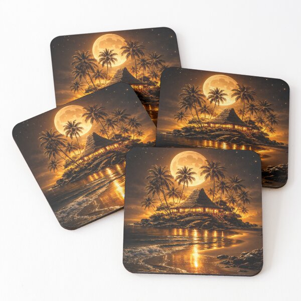 Item preview, Golden Full Moon Tropical Island – Romantic Beach Paradise Fantasy Art Print designed and sold by Kaleidoscope Print.