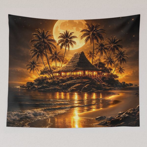 Item preview, Golden Full Moon Tropical Island – Romantic Beach Paradise Fantasy Art Print designed and sold by Kaleidoscope Print.