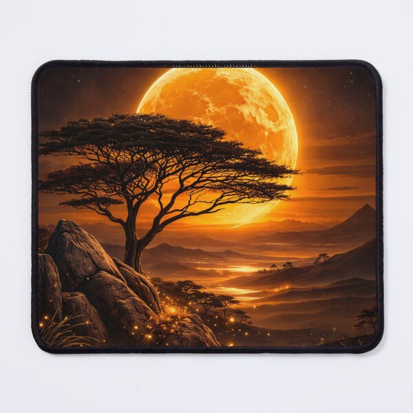 Item preview, Golden Moon Over African Savanna – Acacia Tree Fantasy Landscape Art Print designed and sold by Kaleidoscope Print.