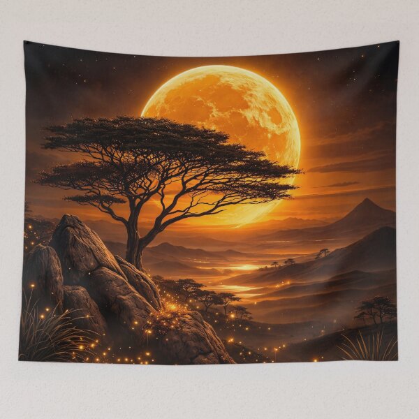 Item preview, Golden Moon Over African Savanna – Acacia Tree Fantasy Landscape Art Print designed and sold by Kaleidoscope Print.
