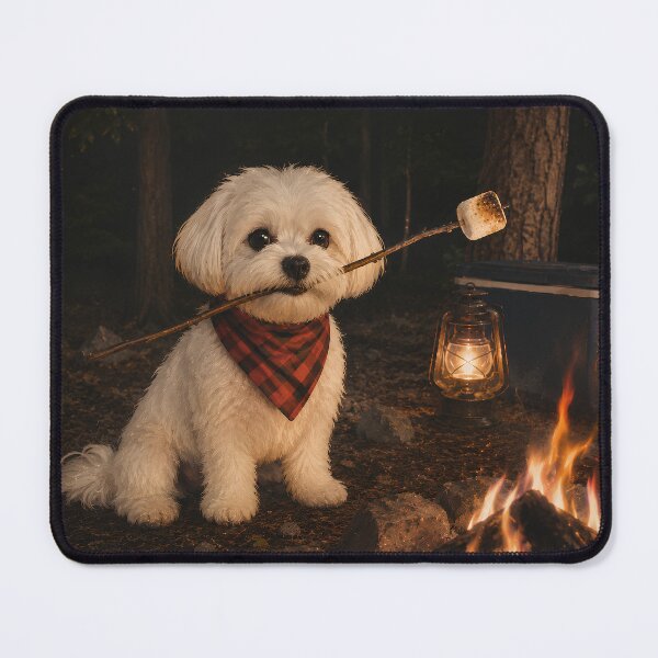 Item preview, Maltese Camping Adventure – Cute Dog Roasting Marshmallows designed and sold by NomadIdeasCo.