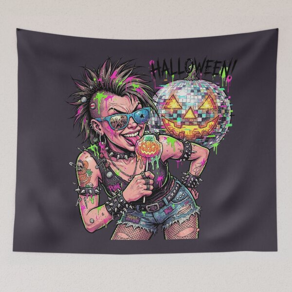 Artikelvorschau, Halloween-Kürbis mit Punk-Motiv, Lollipop und Disco-Effekt entworfen und verkauft von Voodoo Store Paranormal Collections.