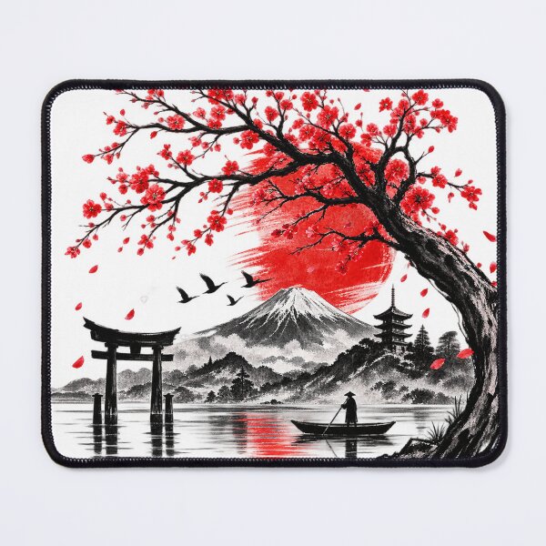 Item preview, Japanese Ink Wash Cherry Blossom Lake Mountain Landscape designed and sold by CreativeNest Prints.