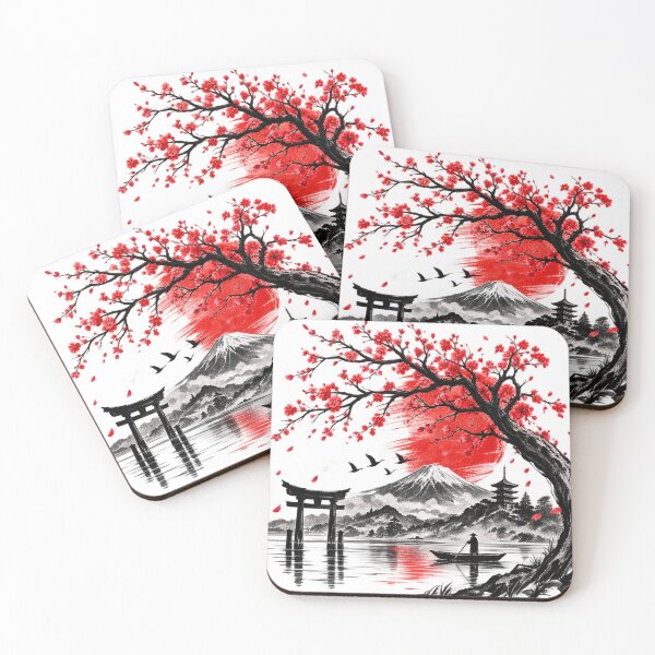 Item preview, Japanese Ink Wash Cherry Blossom Lake Mountain Landscape designed and sold by CreativeNest Prints.