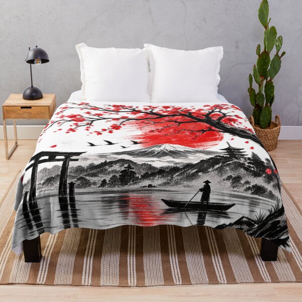 Item preview, Japanese Ink Wash Cherry Blossom Lake Mountain Landscape designed and sold by CreativeNest Prints.