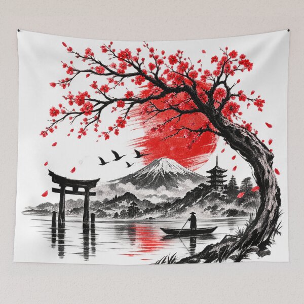 Item preview, Japanese Ink Wash Cherry Blossom Lake Mountain Landscape designed and sold by CreativeNest Prints.