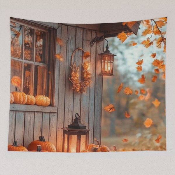 Item preview, Cozy Autumn Cabin Porch with Pumpkins — Scenic Fall Countryside Aesthetic designed and sold by LYAN-STORE.