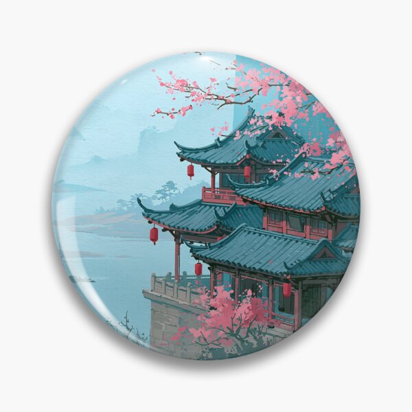 Item preview, Japanese Pagoda with Cherry Blossom — Asian Landscape Watercolor Aesthetic designed and sold by LYAN-STORE.