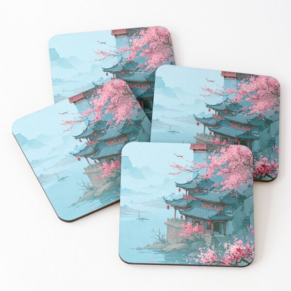 Item preview, Japanese Pagoda with Cherry Blossom — Asian Landscape Watercolor Aesthetic designed and sold by LYAN-STORE.