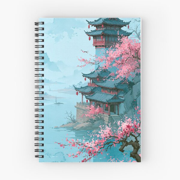 Item preview, Japanese Pagoda with Cherry Blossom — Asian Landscape Watercolor Aesthetic designed and sold by LYAN-STORE.