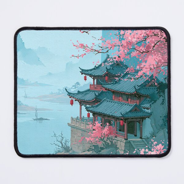 Item preview, Japanese Pagoda with Cherry Blossom — Asian Landscape Watercolor Aesthetic designed and sold by LYAN-STORE.