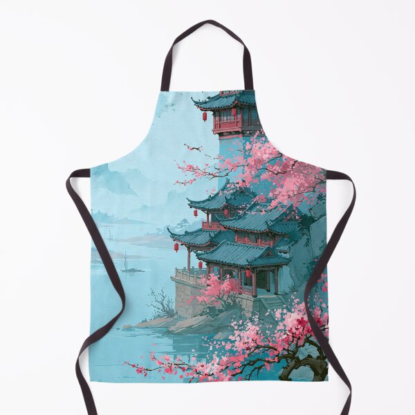 Item preview, Japanese Pagoda with Cherry Blossom — Asian Landscape Watercolor Aesthetic designed and sold by LYAN-STORE.