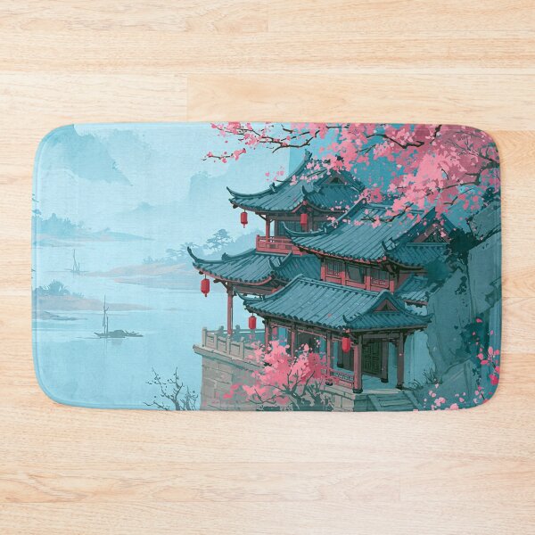 Item preview, Japanese Pagoda with Cherry Blossom — Asian Landscape Watercolor Aesthetic designed and sold by LYAN-STORE.