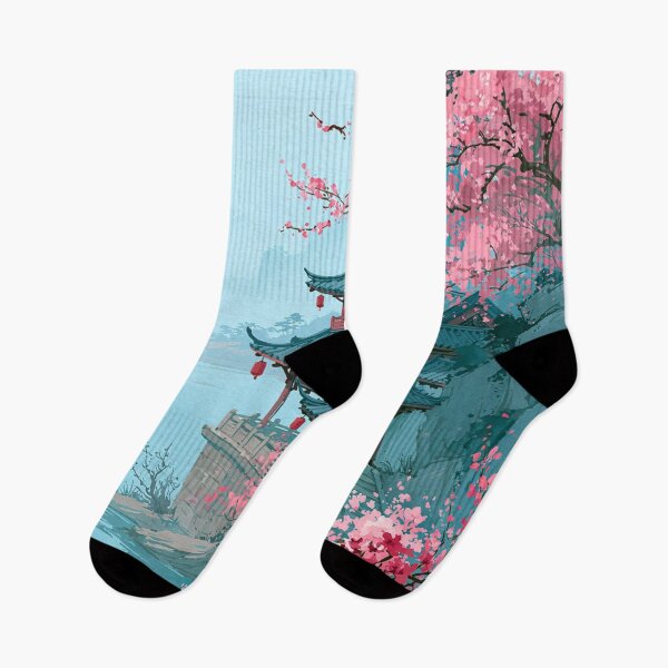 Item preview, Japanese Pagoda with Cherry Blossom — Asian Landscape Watercolor Aesthetic designed and sold by LYAN-STORE.