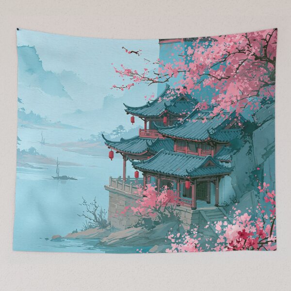 Item preview, Japanese Pagoda with Cherry Blossom — Asian Landscape Watercolor Aesthetic designed and sold by LYAN-STORE.