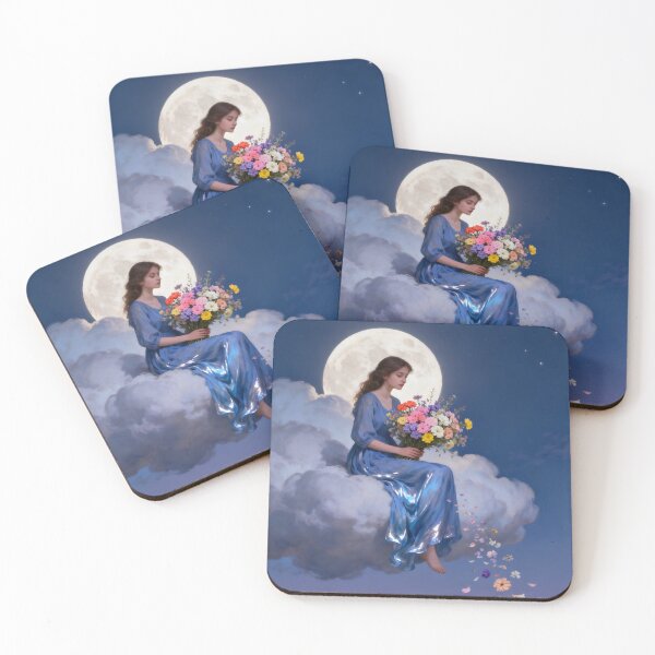 Item preview, Woman on a Cloud Moonlit Garden Dreamy Blue Dress Fantasy Floral Wall Art designed and sold by stylishdzign.