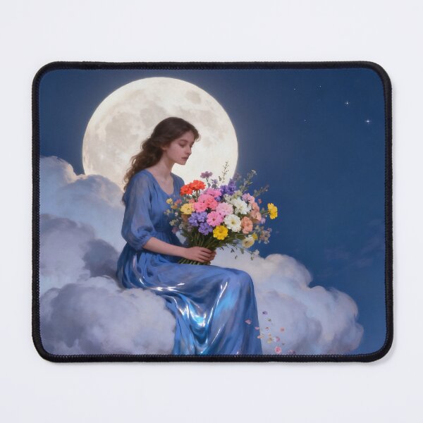 Item preview, Woman on a Cloud Moonlit Garden Dreamy Blue Dress Fantasy Floral Wall Art designed and sold by stylishdzign.