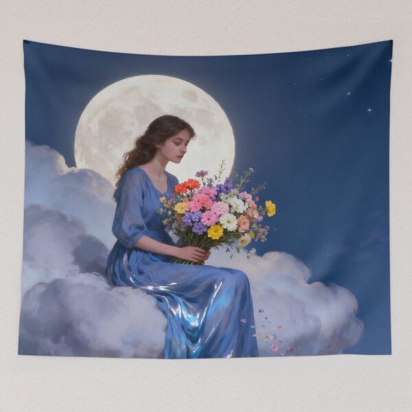 Item preview, Woman on a Cloud Moonlit Garden Dreamy Blue Dress Fantasy Floral Wall Art designed and sold by stylishdzign.