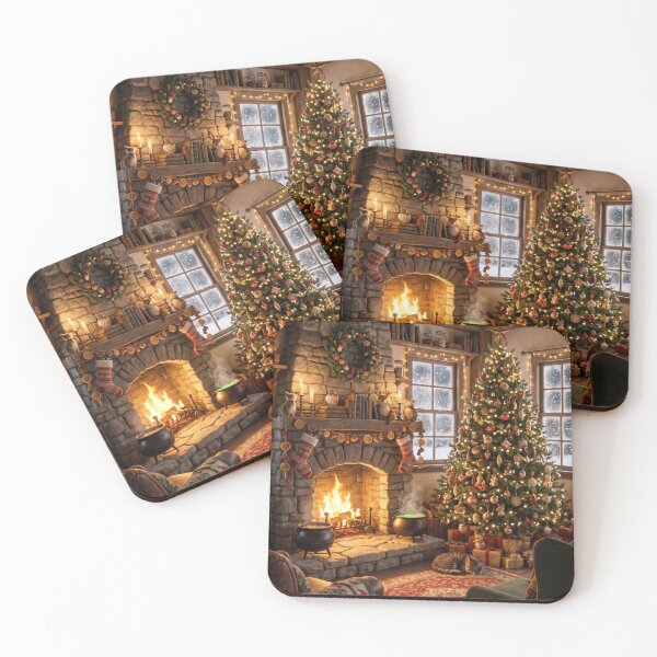 Item preview, Cozy Rustic Cabin Christmas Fireplace with Snowy Window & Tree designed and sold by Emily Waters.