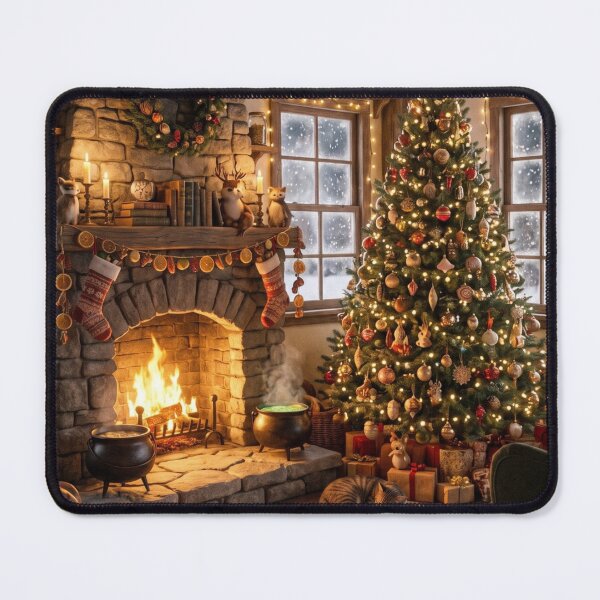Item preview, Cozy Rustic Cabin Christmas Fireplace with Snowy Window & Tree designed and sold by Emily Waters.