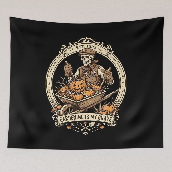 Item preview, Skeleton Gardener – Gardening Is My Grave Vintage Pumpkin Wheelbarrow designed and sold by Moad Fahim.