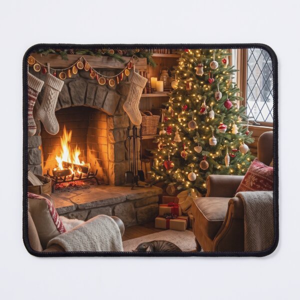 Item preview, Cozy Rustic Cabin Christmas Fireplace with Snowy Window & Tree designed and sold by Emily Waters.