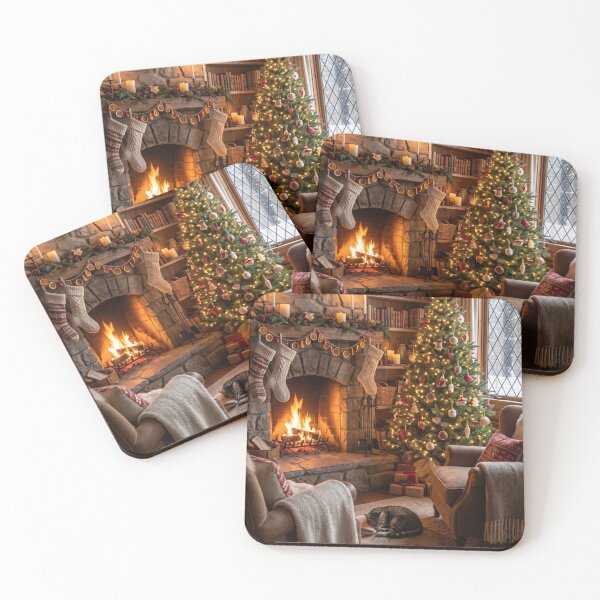 Item preview, Cozy Rustic Cabin Christmas Fireplace with Snowy Window & Tree designed and sold by Emily Waters.