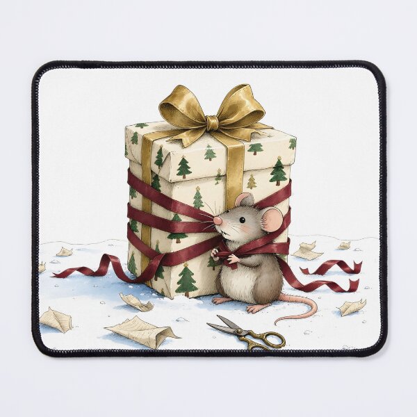 Item preview, Cute Mouse Wrapped in Christmas Gift Vintage Holiday Illustration designed and sold by Connys Colorful World.