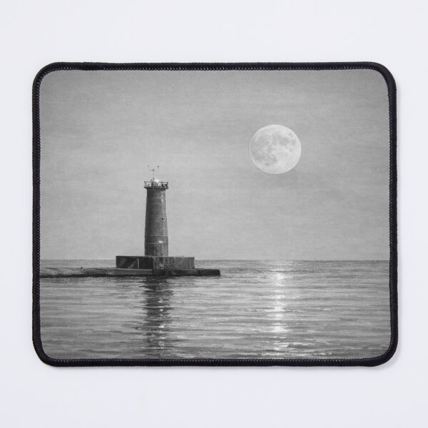 Item preview, Moonrise over Sheboygan lighthouse digital watercolor black and white designed and sold by TerraMediaLLC.