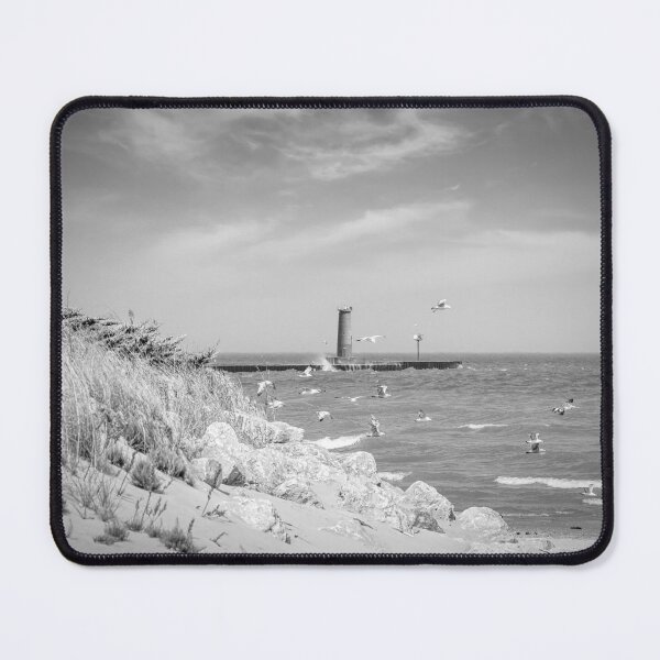 Item preview,  Lighthouse and grassy dune on Lake Michigan in Sheboygan Wisconsin in black and white designed and sold by TerraMediaLLC.