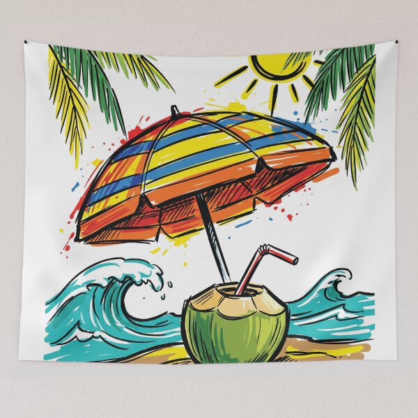 Item preview, Coconut Beach Umbrella Tropical Art Print designed and sold by Merch by Das Design Studio.