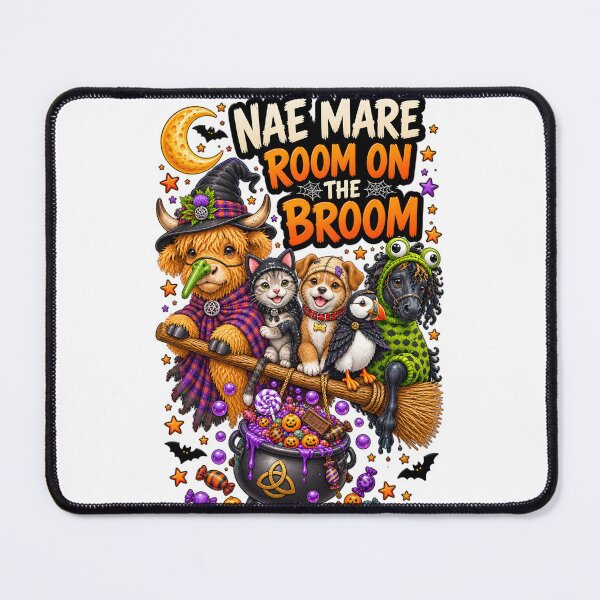 Item preview, Nae Mare Room on the Broom – Funny Scottish Halloween Highland Cow designed and sold by SMalcolmDesigns.