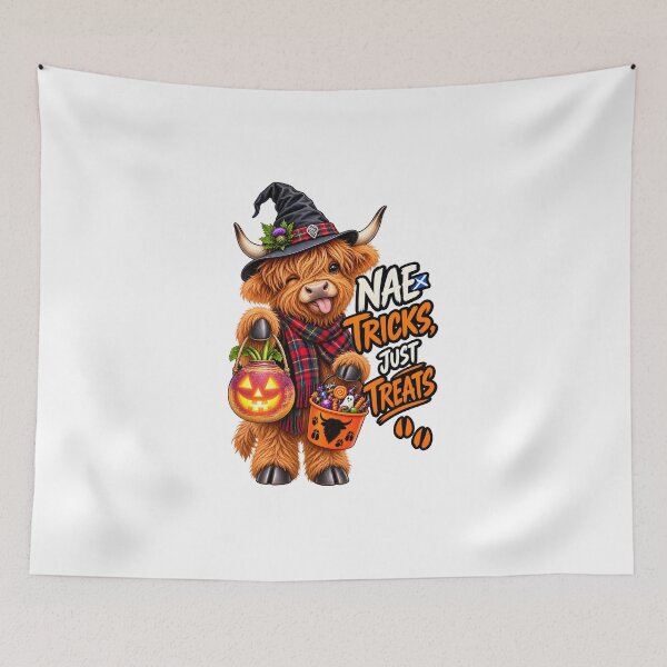 Item preview, Nae Tricks, Just Treats – Funny Scottish Highland Cow Halloween designed and sold by SMalcolmDesigns.