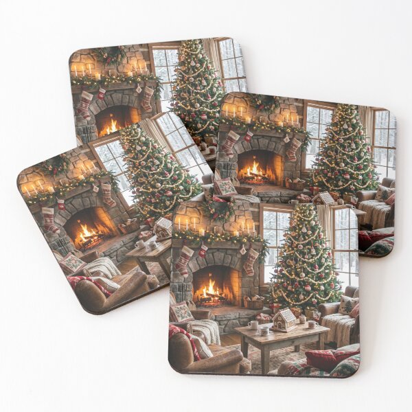 Item preview, Cozy Rustic Cabin Christmas Fireplace with Snowy Window & Tree designed and sold by Emily Waters.