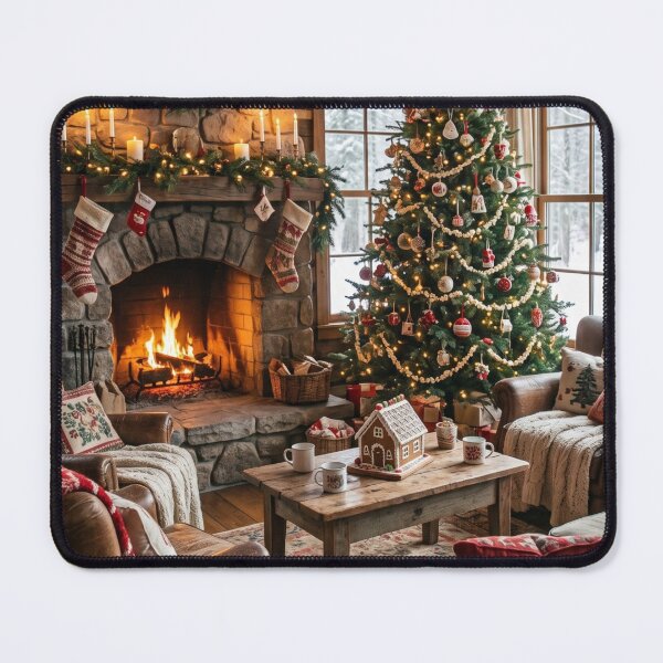 Item preview, Cozy Rustic Cabin Christmas Fireplace with Snowy Window & Tree designed and sold by Emily Waters.